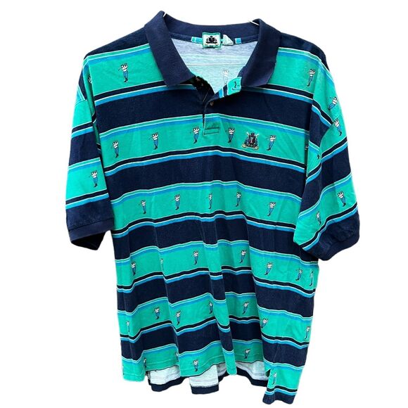 Vintage Izod Golf Polo Shirt Mens XL Blue Green Multi Striped Swinging Golfer - Picture 1 of 16